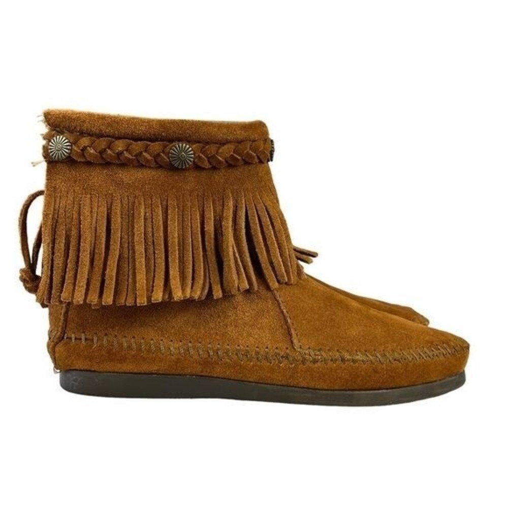 Minnetonka Double‎ Fringe Boots Womens 6 Brown Suede Side Zip Moccasin Boho